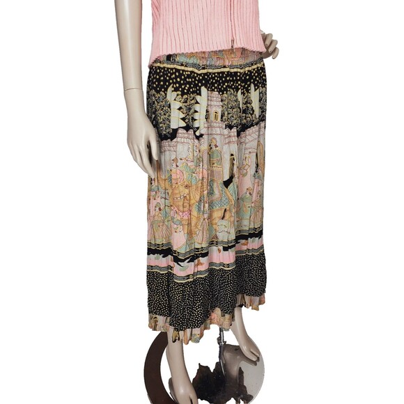Vintage 80s Elephants People India City Life Tiered Mixed Media Broomstick Skirt - Picture 9 of 14